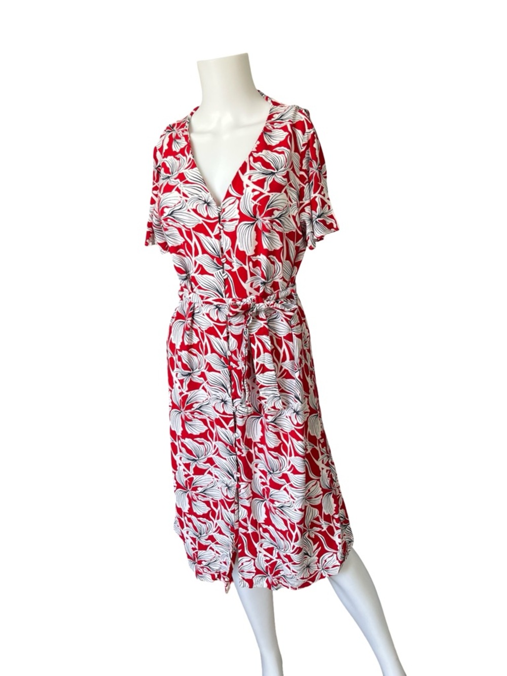 Mango MNG Red Floral Dress Button Front Short Sleeve Colorful Boho Womens Size 6